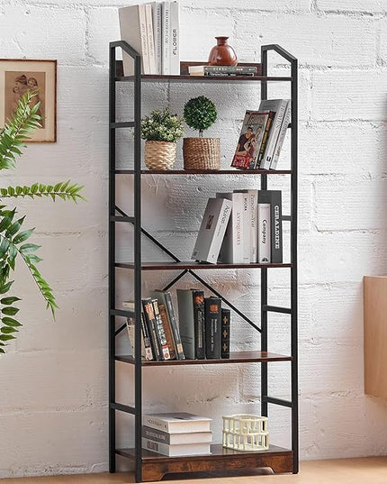 Vagusicc 5 Tier Bookshelf with 2 Storage Baskets, Tall Bookcase Shelf Storage Organizer Wood Book Shelf, Modern Shelf Rack Shelves with Steel Frame, Multipurpose Bookshelf for Bedroom Living Room - LeafyLoom