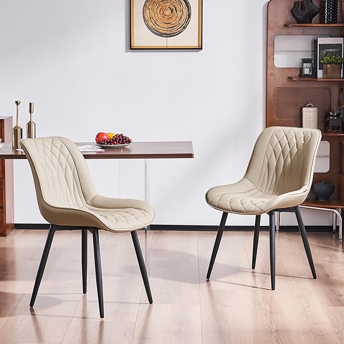 YOUNIKE Khaki Dining Chairs set of 2 with High Backs Mid Century Modern Kitchen & Dining Room Chairs PU Faux Leather Upholstered sillas de comedor Comfortable Large Padded Accent Chair with Metal Legs - LeafyLoom