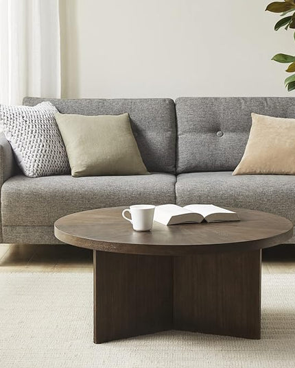Martha Stewart Sadie Round Wood Coffee Table with Starburst Pattern Top Simple Pedestal Stand, Circular Contemporary Modern Accent Furniture for Living Room Decor, 0 - LeafyLoom