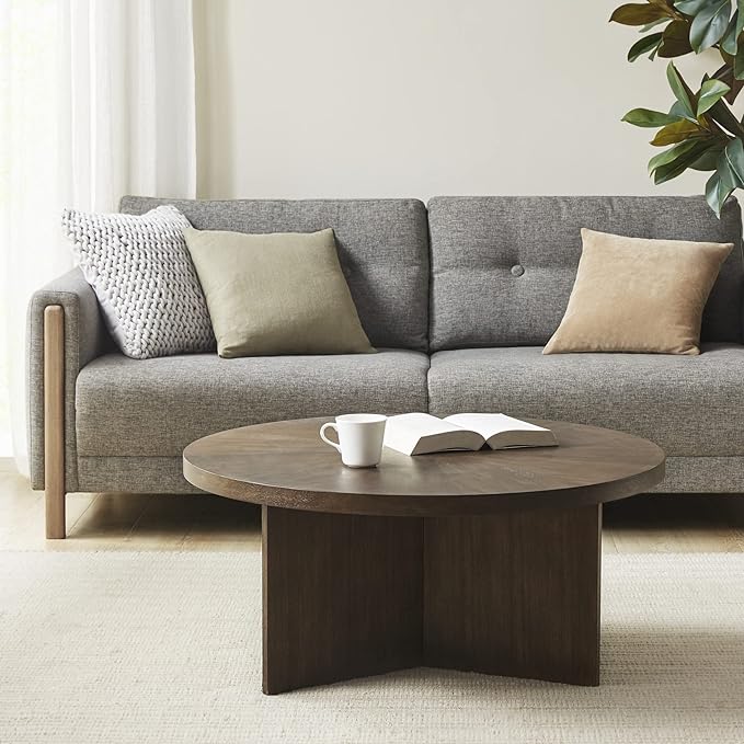 Martha Stewart Sadie Round Wood Coffee Table with Starburst Pattern Top Simple Pedestal Stand, Circular Contemporary Modern Accent Furniture for Living Room Decor, 0 - LeafyLoom