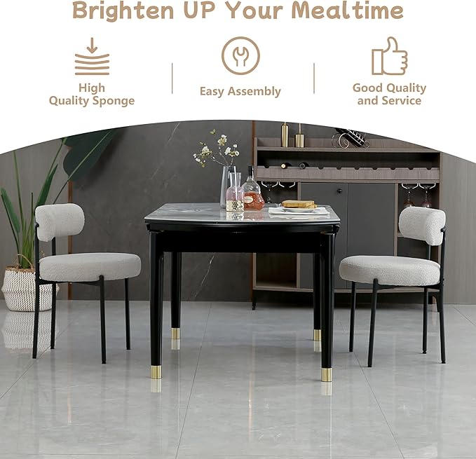 Light Grey Dining Chairs Set of 2 Round Upholstered Boucle Dining Room Chairs Mid-Century Modern Kitchen Chairs Curved Backrest Chairs for Dining Room Black Metal Legs - LeafyLoom