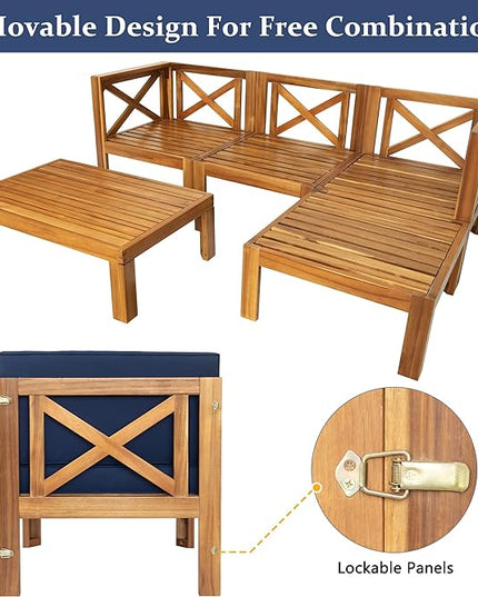5-Piece Outdoor Patio Furniture Sectional Sets, Wooden L-shaped Corner Sofa Seating with Tea Table and Removable, Backyard Gardern Deck, Natural Finish+ Blue Cushions - LeafyLoom