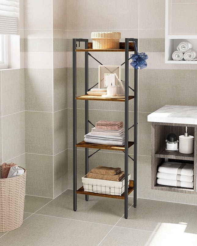Bookshelf, Book Shelf, Industrial Bookcase with 2 Hooks, Coner Shelf Storage Organizer for Home Office, Living Room, Bedroom, Kitchen, 4-Tier Rustic Brown BC10401B - LeafyLoom