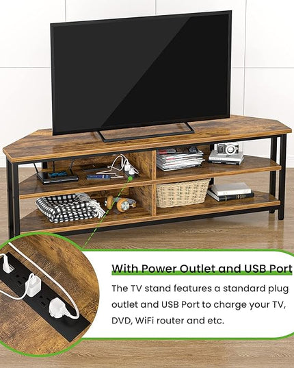 Unikito 55'' Corner TV Stand with Power Outlet, Corner Entertainment Center TV Console Table with 4 Open Storage Shelves, Metal Frame for Living Room, Bedroom, Industrial 60'' Corner TV Stand, Rustic - LeafyLoom