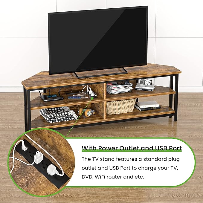 Unikito 55'' Corner TV Stand with Power Outlet, Corner Entertainment Center TV Console Table with 4 Open Storage Shelves, Metal Frame for Living Room, Bedroom, Industrial 60'' Corner TV Stand, Rustic - LeafyLoom
