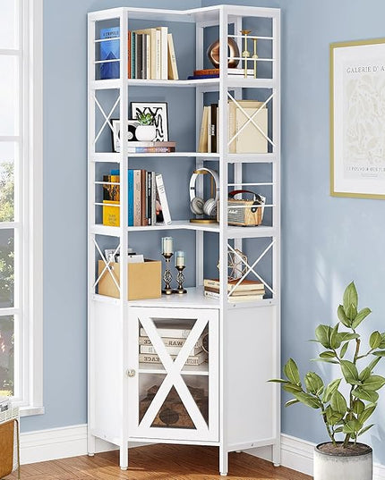 YITAHOME Corner Bookshelf with Storage, 7-Tier Corner Shelf with Doors, Large Corner Bookcase Display Rack for Living Room Bedroom Home Office, White - LeafyLoom