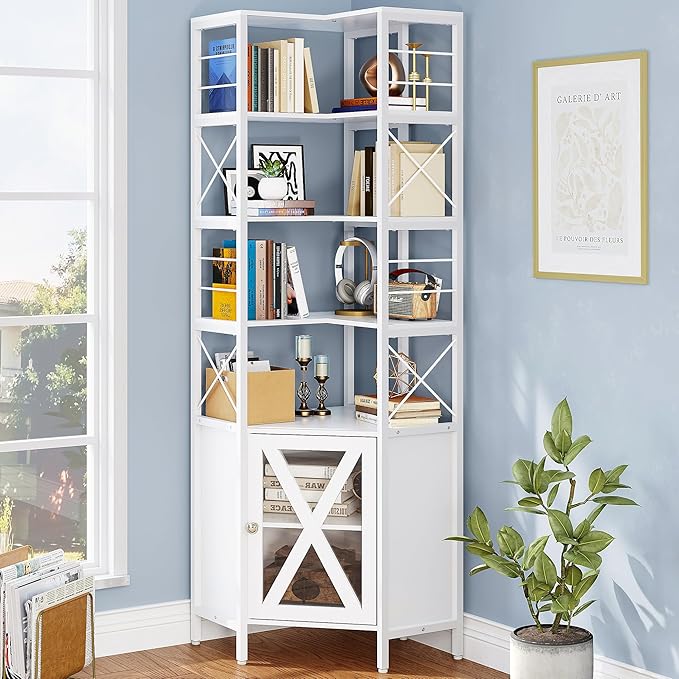 YITAHOME Corner Bookshelf with Storage, 7-Tier Corner Shelf with Doors, Large Corner Bookcase Display Rack for Living Room Bedroom Home Office, White - LeafyLoom
