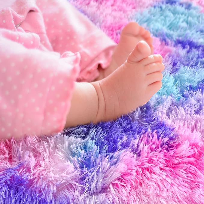 Noahas Oval Fluffy Hot Pink Rainbow Rug 2.6X5.3 Small Kids Rugs for Bedroom Girls Aesthetic,Bedside Bedroom Rug,Ultra Soft Runner Carpet Modern Shaggy Nursery Area Rugs Home Decor - LeafyLoom
