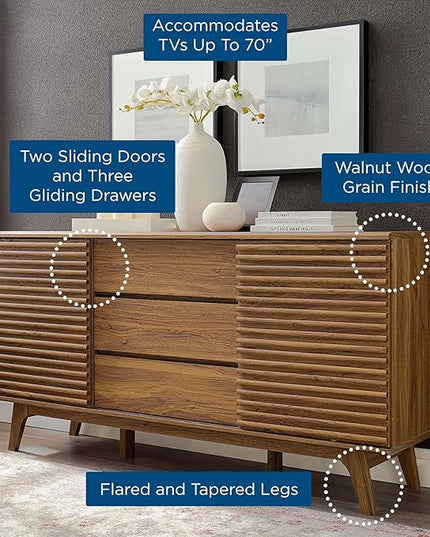 Modway Render 63" Mid-Century Modern Sideboard Buffet Table or TV Stand in Walnut - LeafyLoom