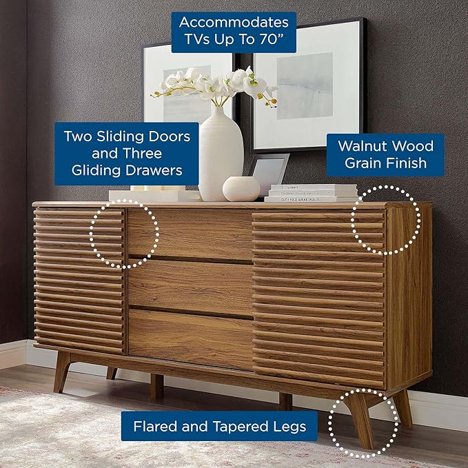 Modway Render 63" Mid-Century Modern Sideboard Buffet Table or TV Stand in Walnut - LeafyLoom