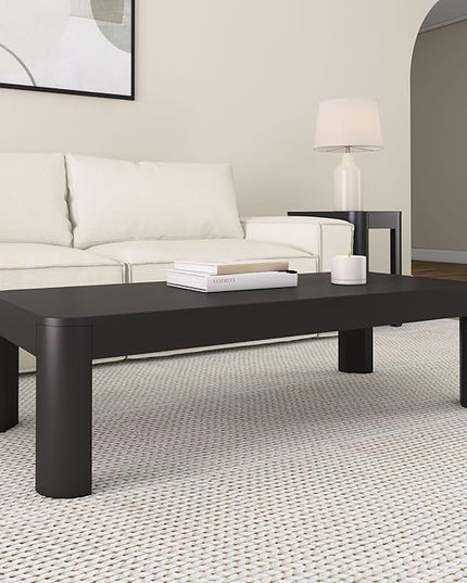 Plank+Beam Modern Rounded Coffee Table, 54 Inch, Solid Wood Contemporary Center Table for Living Room, Rectangle Tea Table, Black - LeafyLoom