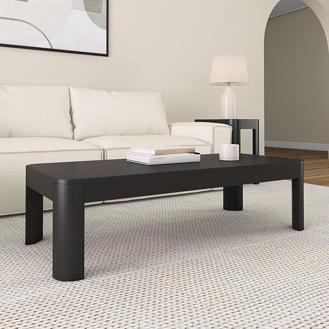 Plank+Beam Modern Rounded Coffee Table, 54 Inch, Solid Wood Contemporary Center Table for Living Room, Rectangle Tea Table, Black - LeafyLoom