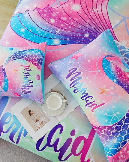 RYNGHIPY Mermaid Queen Girls Bedding Set, Colorful Rainbow Kids Girls Comforter Set with Sheets Soft and Lightweight, 6 Pieces Teen Girls Bed in a Bag - LeafyLoom