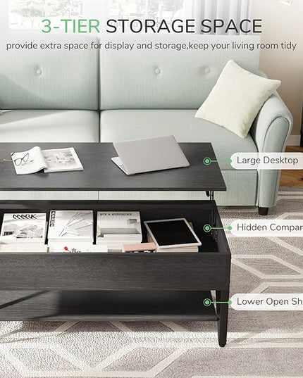Novilla Lift Top Coffee Table with Storage 40 Inch Wood Lift Up Center Table for Living Room Tea Table with Hidden Compartment Rising Tabletop Table Cocktail Table, Black - LeafyLoom
