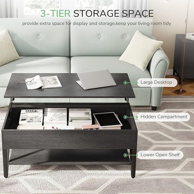 Novilla Lift Top Coffee Table with Storage 40 Inch Wood Lift Up Center Table for Living Room Tea Table with Hidden Compartment Rising Tabletop Table Cocktail Table, Black - LeafyLoom