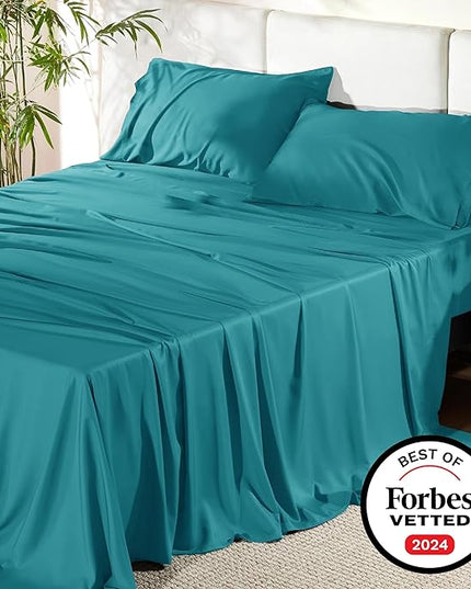 Bedsure Queen Sheets, Rayon Derived from Bamboo, Queen Cooling Sheet Set, Deep Pocket Up to 16", Breathable & Soft Bed Sheets, Hotel Luxury Silky Bedding Sheets & Pillowcases, Turquoise - LeafyLoom
