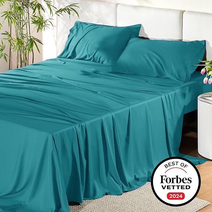 Bedsure Queen Sheets, Rayon Derived from Bamboo, Queen Cooling Sheet Set, Deep Pocket Up to 16", Breathable & Soft Bed Sheets, Hotel Luxury Silky Bedding Sheets & Pillowcases, Turquoise - LeafyLoom