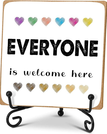 Everyone is Welcome Classroom Decor, Inspirational Quotes Desk Decor Gifts, Multicultural Wood Plaque With Stand For School Counselor Therapy Office Supplies -A28 - LeafyLoom