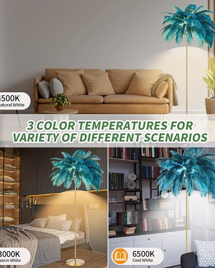 Feather Lamp, Natural Ostrich Feather Floor Lamp for Living Room, 63in Height, 3 Color Temperatures Bright LED Bulbs, Modern Funky Tall Lamp Standing Light for Bedroom (Blue) - LeafyLoom