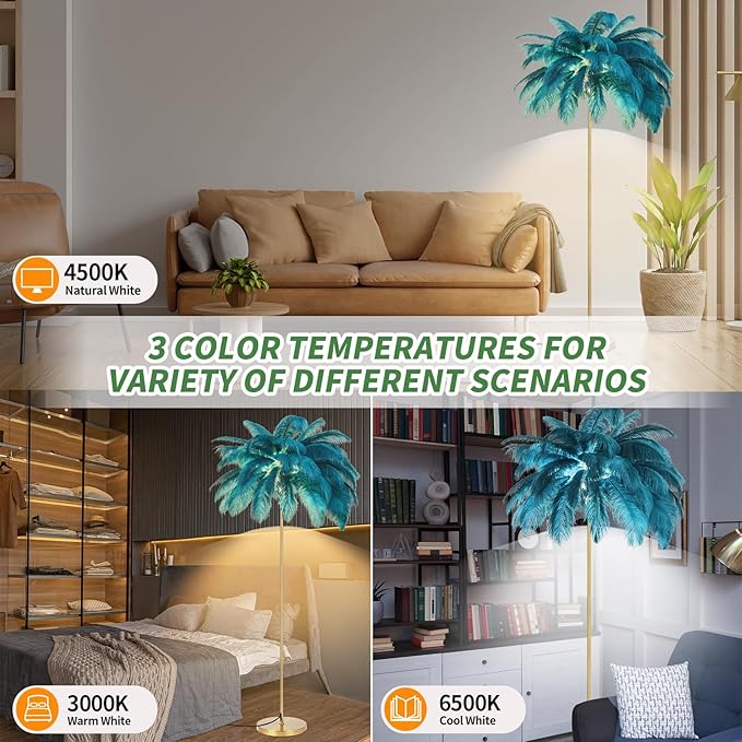 Feather Lamp, Natural Ostrich Feather Floor Lamp for Living Room, 63in Height, 3 Color Temperatures Bright LED Bulbs, Modern Funky Tall Lamp Standing Light for Bedroom (Blue) - LeafyLoom