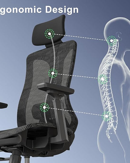 Ergonomic mesh Office Chair, Computer Desk Chair with 3D Armrests, Adjustable Lumbar Cushion & 2D Headrest, Black High Back office chair with Tilt Function, Mesh Backrest & Seat - LeafyLoom