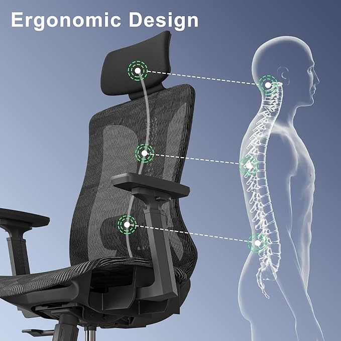 Ergonomic mesh Office Chair, Computer Desk Chair with 3D Armrests, Adjustable Lumbar Cushion & 2D Headrest, Black High Back office chair with Tilt Function, Mesh Backrest & Seat - LeafyLoom