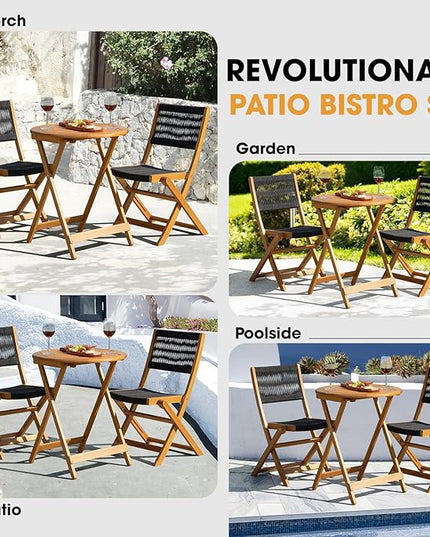 Solid Sauvage Bistro Set with Round Table (Grey), Wood Rope Design - Black - LeafyLoom