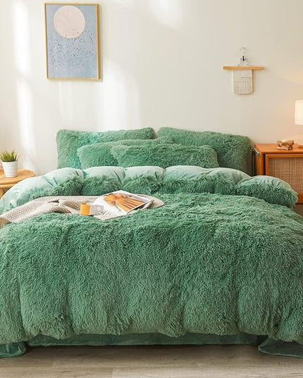 FOPPA Green Plush Comforter Cover Set Queen - Ultra Soft Faux Fur Green Bedding Sets 3 Pieces (1 Fluffy Duvet Cover + 2 Shaggy Pillow case) Fluffy Bed Set (Green, Queen) - LeafyLoom