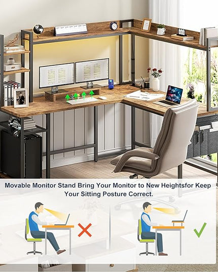 Aheaplus L Shaped Desk with Power Outlet, L Shaped Gaming Desk with Led Light & Hutch, Reversible Home Office Desk, Corner Computer Desk Writing Desk with Monitor Stand & Storage Shelf, Rustic Brown - LeafyLoom