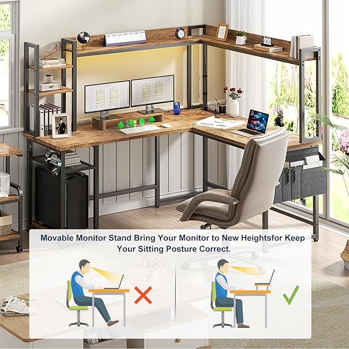 Aheaplus L Shaped Desk with Power Outlet, L Shaped Gaming Desk with Led Light & Hutch, Reversible Home Office Desk, Corner Computer Desk Writing Desk with Monitor Stand & Storage Shelf, Rustic Brown - LeafyLoom
