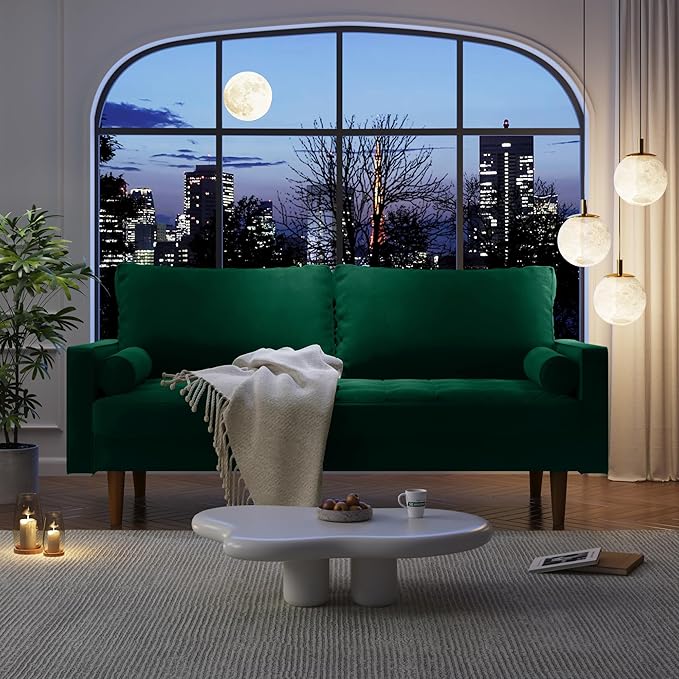 Velvet Furniture for Small Spaces, Mid-Century Modern Loveseats for Living Room, Love Seat Couch Sofas, 70 Inches, Green - LeafyLoom