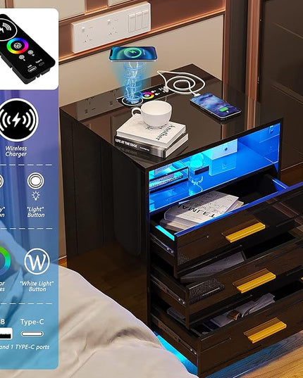 HNEBC Black Nightstand with Wireless Charging Station and Lights, 3 Drawers, Modern Bedside Table with Human Sensor for Bedroom - LeafyLoom