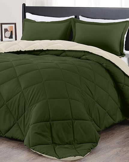 downluxe Queen Comforter Set, Lightweight Solid Down Alternative Reversible, 3-Piece Queen Size Comforter Set with 2 Reversible Pillow Shams (Lichen Green/White) - LeafyLoom