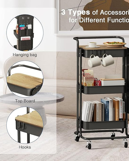 DTK 3 Tier Metal Utility Rolling Cart with Table Top and Side Bags, Tray Storage Organizer Wheels, Art Craft 4 Hooks for Kitchen Bathroom Office Living Room (Black) - LeafyLoom