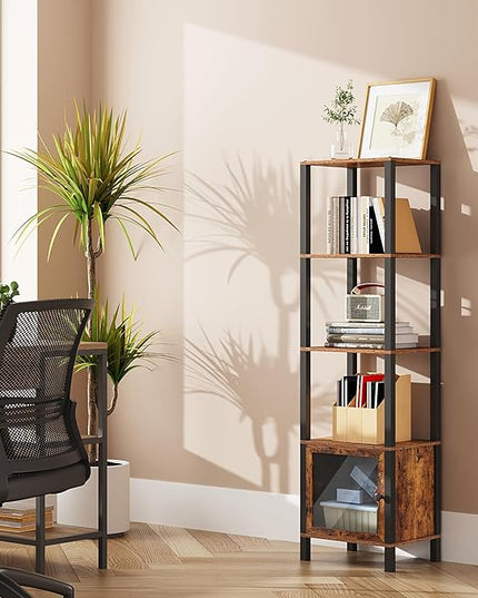 TUTOTAK 5 Tier Bookcase and Bookshelf, Narrow Book shelf with Door for Small Space, for Living Room, Office, Study, Entryway, Brown BS03BB005 - LeafyLoom