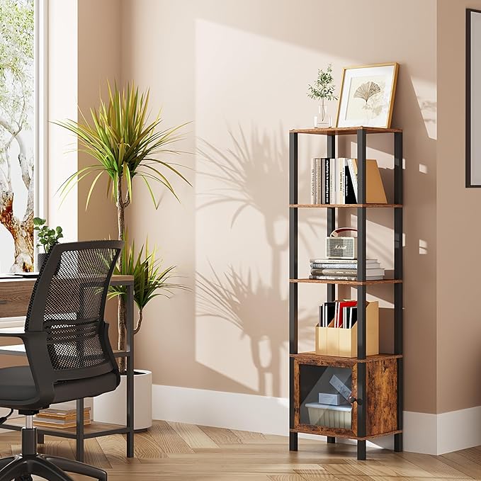 TUTOTAK 5 Tier Bookcase and Bookshelf, Narrow Book shelf with Door for Small Space, for Living Room, Office, Study, Entryway, Brown BS03BB005 - LeafyLoom