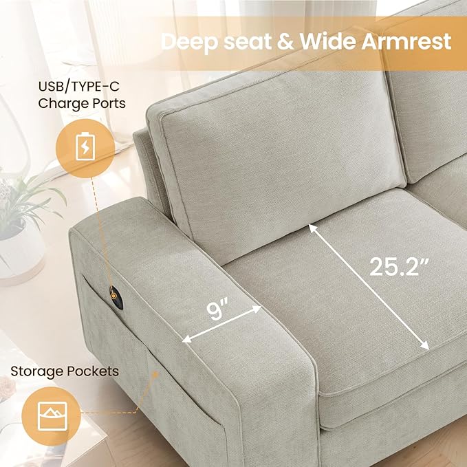 COHOME 100" L-Shaped Sofa with Storage, Chenille Upholstered Deep Seat Couch for Living Room, Sofa with Reversible Chaise, Removable Covers, 3-Seater Apartment Sofa with Charge Ports,Beige - LeafyLoom