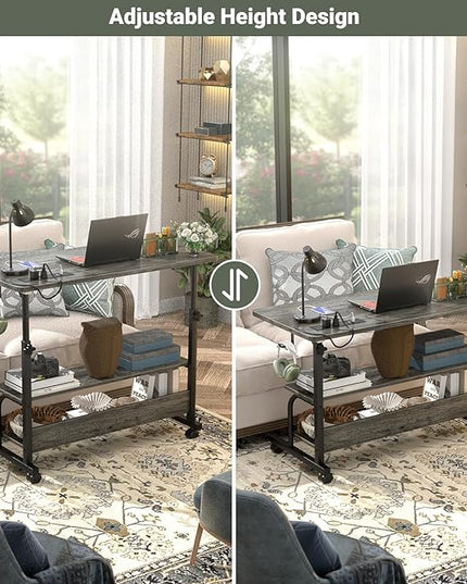 32" Height Adjustable Standing Desk with Power Outlets - Manual Rolling Stand Up Desk with Wheels Small Portable Computer Desk Mobile Laptop Table with Storage Shelves for Home Office, Grey Oak - LeafyLoom