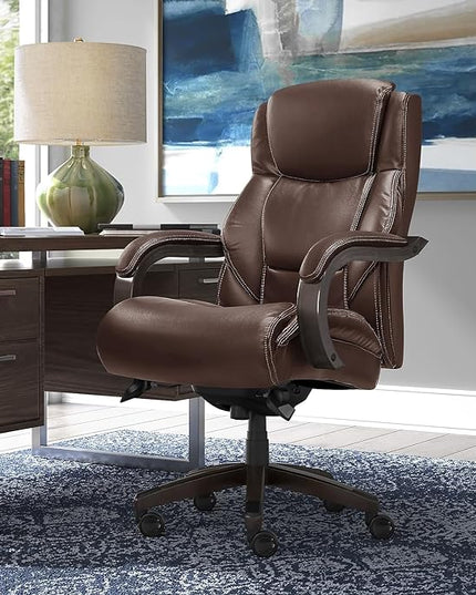 La-Z-Boy Delano Big & Tall Executive Office Chair | High Back Ergonomic Lumbar Support, Bonded Leather, Brown with Weathered Gray Wood | - LeafyLoom