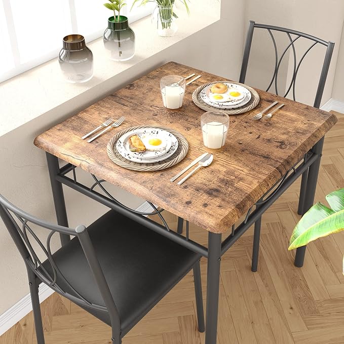 Dining Table Set for 2, 3 Piece Kitchen Table Set with 2 Upholstered Chairs, Square Kitchen Table Set for Small Space, Apartment, Dining Room, Retro Brown - LeafyLoom