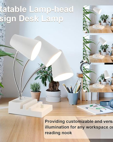Study Desk Lamp with USB Charging and Type-C Night Light, Gooseneck LED Table Lamp Stepless Dimming Study Table Lamp with Pen Holder for College Dorm Bedroom and Office (White) - LeafyLoom