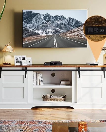 oneinmil TV Stand for 65” TV, Entertainment Center with Storage Cabinets and Sliding Barn Doors, Rustic Media TV Console Table for Living Room, Bedroom, White - LeafyLoom