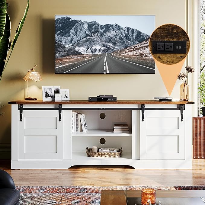 oneinmil TV Stand for 65” TV, Entertainment Center with Storage Cabinets and Sliding Barn Doors, Rustic Media TV Console Table for Living Room, Bedroom, White - LeafyLoom