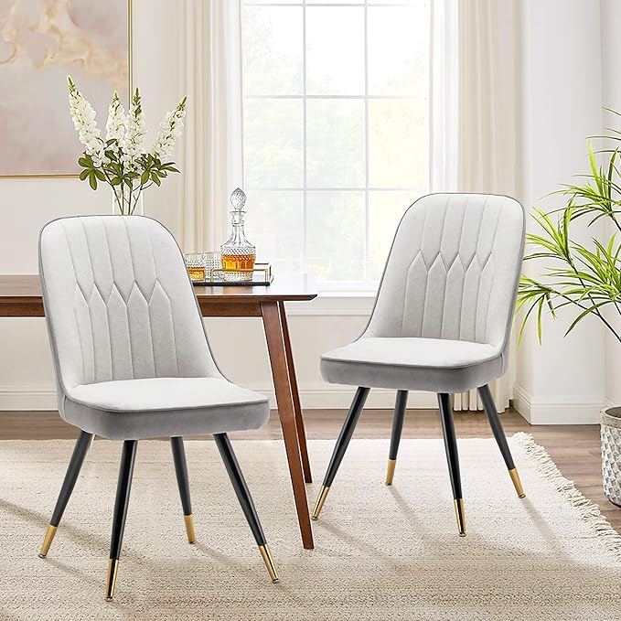 Alunaune Modern Dining Chairs Set of 2 Upholstered Kitchen Chairs Accent Chair, Mid Century Armless Leisure Chair Living Room Faux Leather Desk Side Chair with Gold Metal Legs-Ivory Grey - LeafyLoom