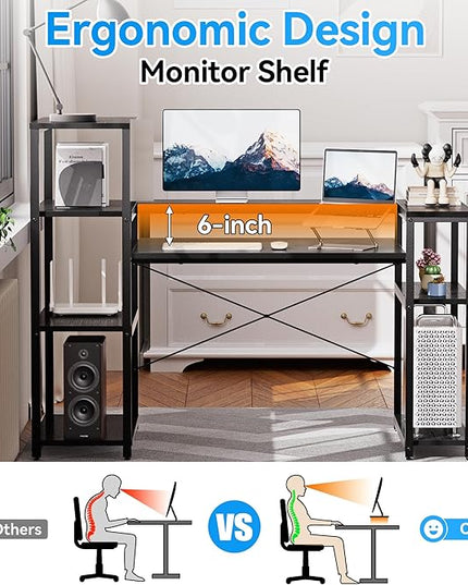 63-Inch Home Office Desk with Storage Shelves, Gaming Computer Desk with Monitor Stand and Printer Shelf for Study, Writing, PC Work - LeafyLoom