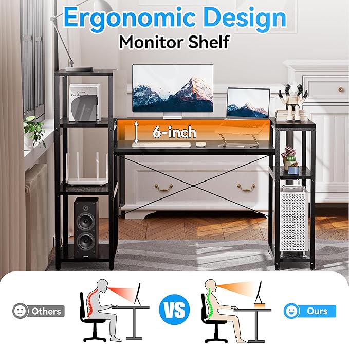 63-Inch Home Office Desk with Storage Shelves, Gaming Computer Desk with Monitor Stand and Printer Shelf for Study, Writing, PC Work - LeafyLoom