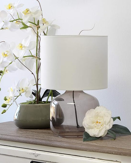 Simple Designs LT2064-SMW Smoke Gray Glass Table Lamp with White Fabric Shade - LeafyLoom