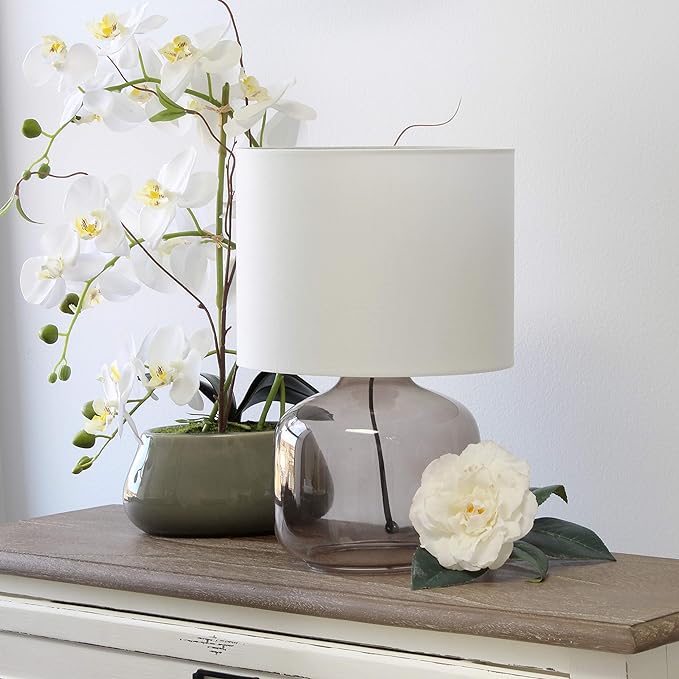 Simple Designs LT2064-SMW Smoke Gray Glass Table Lamp with White Fabric Shade - LeafyLoom