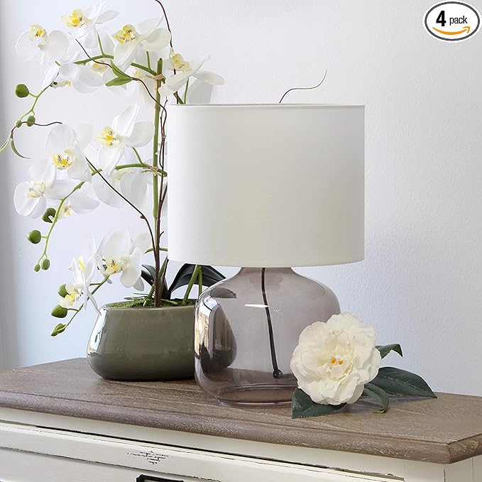 Simple Designs LT2064-SMW Smokey Glass Table Lamp with White Fabric Shade (Pack of 4) - LeafyLoom