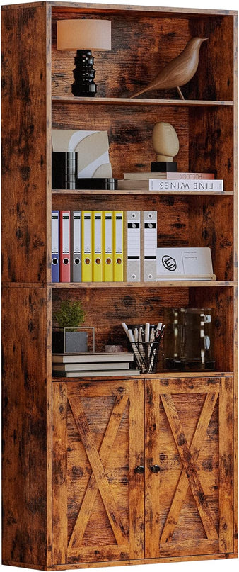 IRONCK Industrial Bookshelves and Bookcases with Doors Floor Standing 6 Shelf Display Storage Shelves 70 in Tall Bookcase for Home Office, Living Room - LeafyLoom